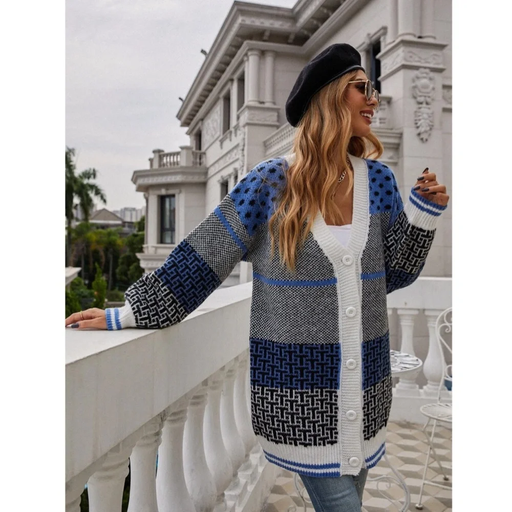 🌸Oversized Button Up V-Neck Cardigan Blue Grey White Black - Picture 2 of 12